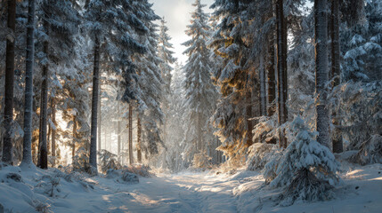 Obraz premium Winter wonderland walk snowy forest trail scenic nature photography serene landscape peaceful viewpoint tranquil atmosphere