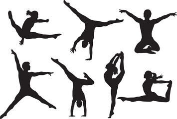 Gymnastics and yoga poses silhouettes on white background, gymnastics, yoga, silhouette, pose, poses, flexibility, stretching, exercise, fitness, sport, athlete, athletic, dancer, dancing, movement, a