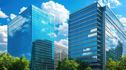 Two modern office buildings standing side by side in a city skyline representing adjacent corporate headquarters