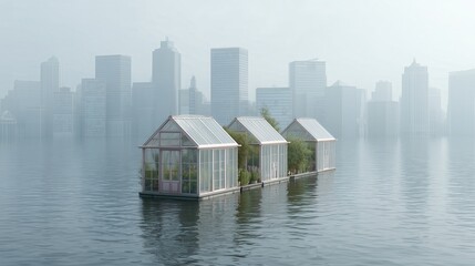 A series of floating greenhouses in a flooded modern city, representing urban agriculture innovations, climate change adaptation, and sustainable lifestyle solutions