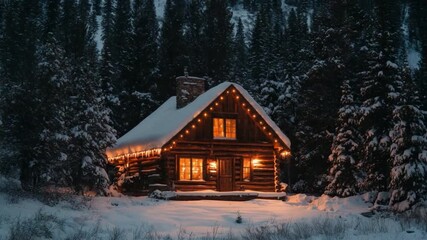 Cozy log cabin nestled in snow-covered forest illuminated by warm lights during winter evening - Powered by Adobe