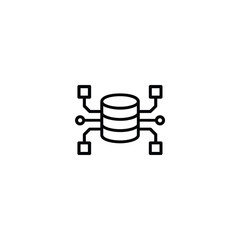 Data hub and central database connection monoline icon. Vector symbol of a database stack with radiating circuit lines connecting to nodes for networking