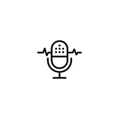 Podcast microphone and audio wave monoline icon. A vector line art symbol of a capsule mic on a stand for broadcasting recording or voice input concepts