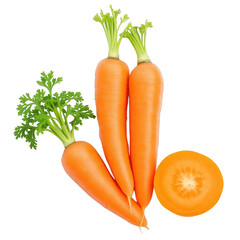 A close up view of three whole carrots and a carrot slice on a black colored background studio shot