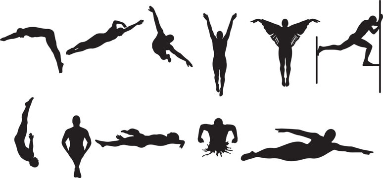 Silhouettes of Divers in Mid- Air Action Poses diving, diving, diver, silhouette, person, people, human, figure, sport, athletic, action, mid-air, jump, dive, splash, water, swimming, pool, competitio