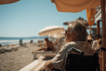Senior man in wheelchair enjoying sunny day at accessible beach resort