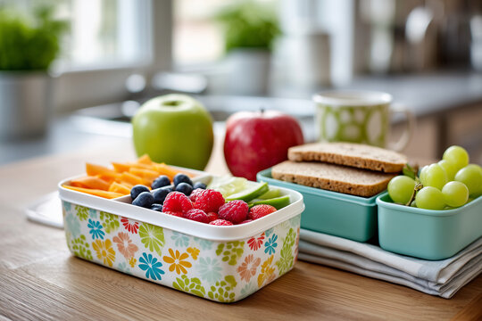 Back to school, close-up of a lunchbox being packed with colorful snacks , cozy kitchen light, 