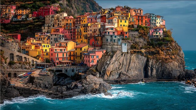 Colorful buildings clinging to a rocky coastline. - Powered by Adobe
