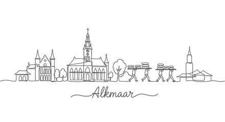 Alkmaar with Netherlands Skyline Line Art Illustration.