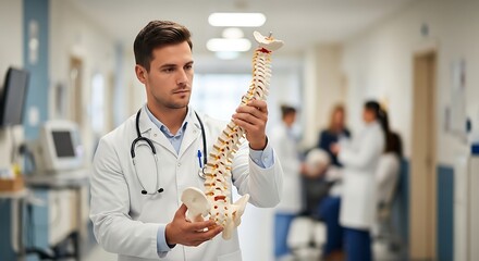 A focused male doctor in a white coat and stethoscope carefully examines a detailed human spine model in a hospital hallway.
