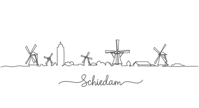 Schiedam Skyline with Netherlands, Windmills, and Black and White Line Art.