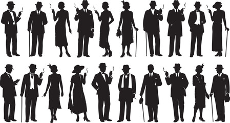 Silhouettes of stylish people from the 1920s Keywords: people, silhouette, man, woman, vintage, vector, background, holding, illustration, description:, man, people, smoking, isolated, retro, hat, att