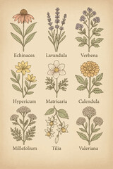 Vintage botanical illustration of nine medicinal herbs labeled with their Latin names, including Echinacea, Lavandula, and Valeriana
