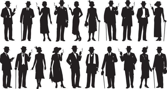 Silhouettes of stylish people from the 1920s Keywords: people, silhouette, man, woman, vintage, vector, background, holding, illustration, description:, man, people, smoking, isolated, retro, hat, att