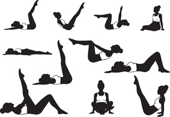 Silhouettes of Woman Performing Pilates Exercises yoga, woman, silhouette, pilates, yoga, exercise, fitness, stretching, flexibility, strength, healthy lifestyle, wellness, body, movement, pose, activ
