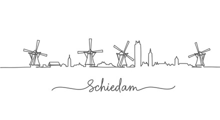 Obraz premium Schiedam Netherlands Skyline Windmills with Cityscape, and OneLine Art.
