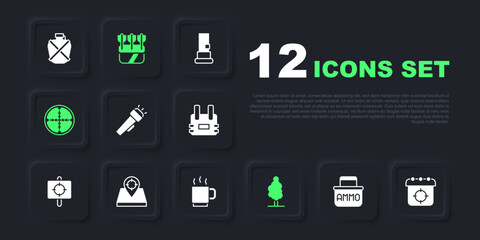 Set Ammunition box, Target sport, Flashlight, Tree, Sniper optical sight, Hunt place, Quiver with arrows and Coffee cup icon. Vector