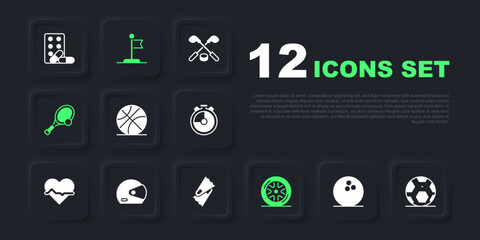 Set Bowling ball, Soccer football, Basketball, Car wheel, Tennis racket with, Racing helmet, Flag and Flippers for swimming icon. Vector
