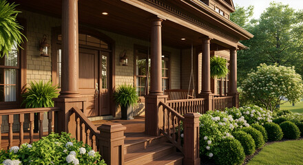 Fototapeta premium Wooden front porch with landscaping
