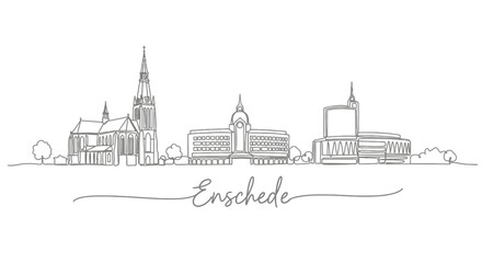 Naklejka premium Enschede Skyline Line Art Illustration with Netherlands Cityscape.