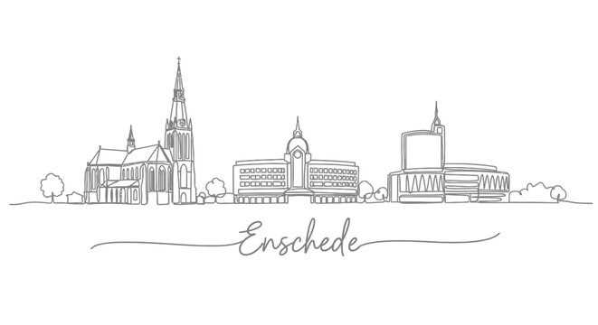 Enschede Skyline Line Art Illustration with Netherlands Cityscape.