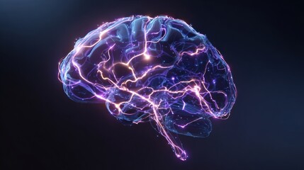 Vibrant glowing neural network brain with electric lightning streaming through glowing brain cells and intricate connections on dark background