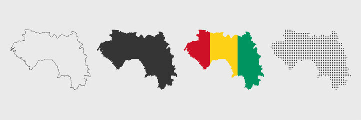 Guinea map detailed in outline, grey, flag color, and dotted style