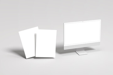 modern desktop computer isolated on white background
with Brochure Flyer Mockup 3D Rendering
