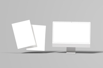 modern desktop computer isolated on white background
with Brochure Flyer Mockup 3D Rendering

