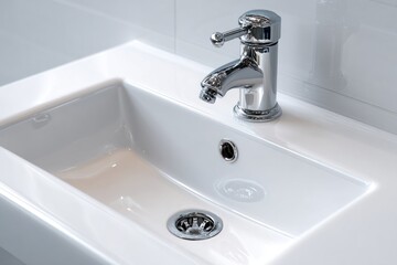 Fototapeta premium A contemporary white sink features a polished chrome faucet, showcasing a stylish and clean bathroom design with minimalist elements