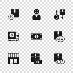 Set Sold, New collection, Item price tag with dollar, Stacks paper money cash, Tax cardboard box, Cardboard discount, Happy customer and Armored truck icon. Vector