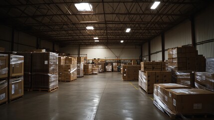 Boxes Stacked in a Warehouse on Pallets Ready for Distribution