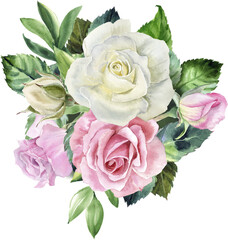 Delicate Watercolor Bouquet of Pink and White Roses with Greenery. Perfect for wedding invitations, stationery, floral branding, or home decor.