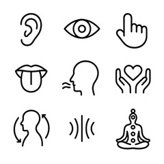 Obraz premium Intuitive Senses Icons. Outline icon set of intuitive senses: hearing, sight, touch, taste, smell, empathy, energy flow, vibration