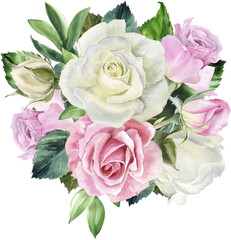 Watercolor floral round bouquet of delicate roses and greenery. Perfect for wedding invitations, stationery, floral branding, or home decor.