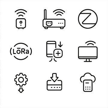 IoT and Social Links Icons. Outline icon set of IoT network: sensor node, gateway device, MQTT symbol, Zigbee icon, LoRaWAN icon,