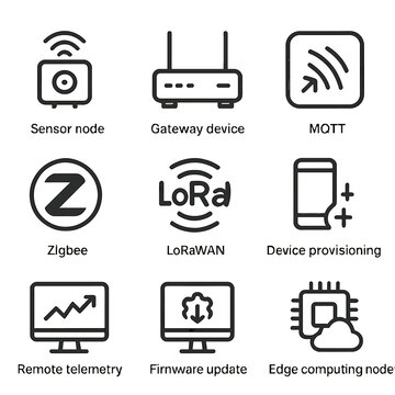 IoT and Social Links Icons. Outline icon set of IoT network: sensor node, gateway device, MQTT symbol, Zigbee icon, LoRaWAN icon,