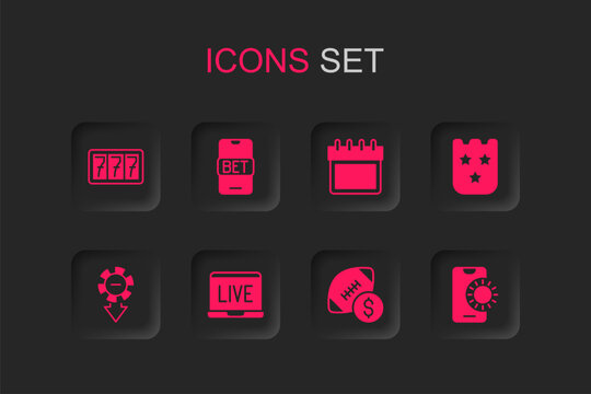 Set Online poker table game, sports betting, Slot machine with jackpot, American football money, Lottery ticket, Calendar and Casino chips icon. Vector