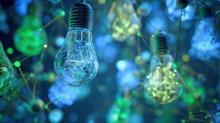 Vibrant illuminated hanging light bulbs with interconnected network patterns glowing in a colorful abstract background for modern technology and creative design themes