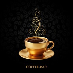 Obraz premium Elegant gold coffee cup with steam and ornate swirls on dark background
