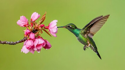 Naklejka premium Hummingbird flying and feeding on flowers in nature