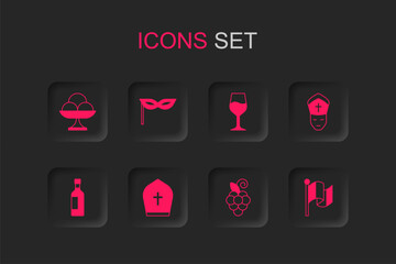 Set Pope hat, Carnival mask, Ice cream in the bowl, Grape fruit, Flag Italy, Wine glass and Bottle of wine icon. Vector