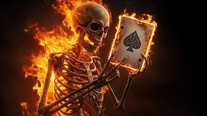 Skeleton Holding Flaming Playing Cards in Dark Setting - Powered by Adobe