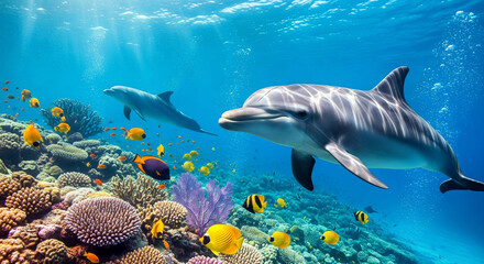Picturesque underwater world of a coral reef with two dolphins and various colorful coral fish. Sunlight streams down from the water's surface. AI-Generated