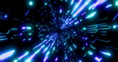 Fototapeta premium Futuristic glowing neon rays background. Shining blue lines rotate in perspective. Bright retro digital cyberspace. 3D rendering.
