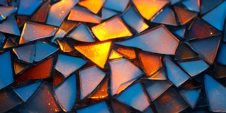 Abstract Mosaic of Triangular Glass Shards with Warm Orange and Cool Blue Lighting for Modern Art and Design