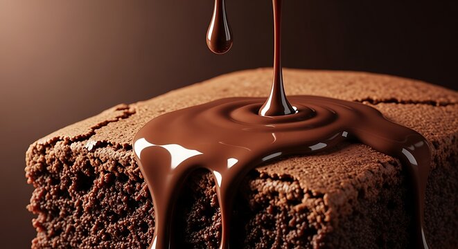 Decadent close up of melted chocolate dripping over rich brownie gourmet dessert dark background indulgent experience