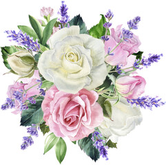 Watercolor floral bouquet, Delicate Watercolor Bouquet of Pink and White Roses with Greenery and Lavender. Perfect for wedding invitations, stationery, floral branding, or home decor.