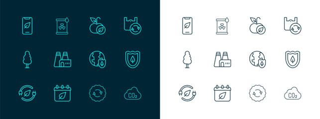 Set line Shopping bag with recycle, Calendar autumn leaves, Earth shield, Recycle symbol, Factory production, Apple, Mobile phone leaf and Radioactive waste barrel icon. Vector