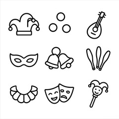 Jester Icon Set. Outline icon set of court jester themes: jester hat, juggling balls, lute, mask, bells, juggling pins, ruffled